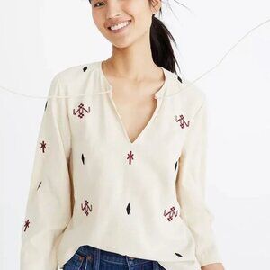 Madewell Embroidered Fringe Top Pom Pom Boho 100% Silk Cream - S